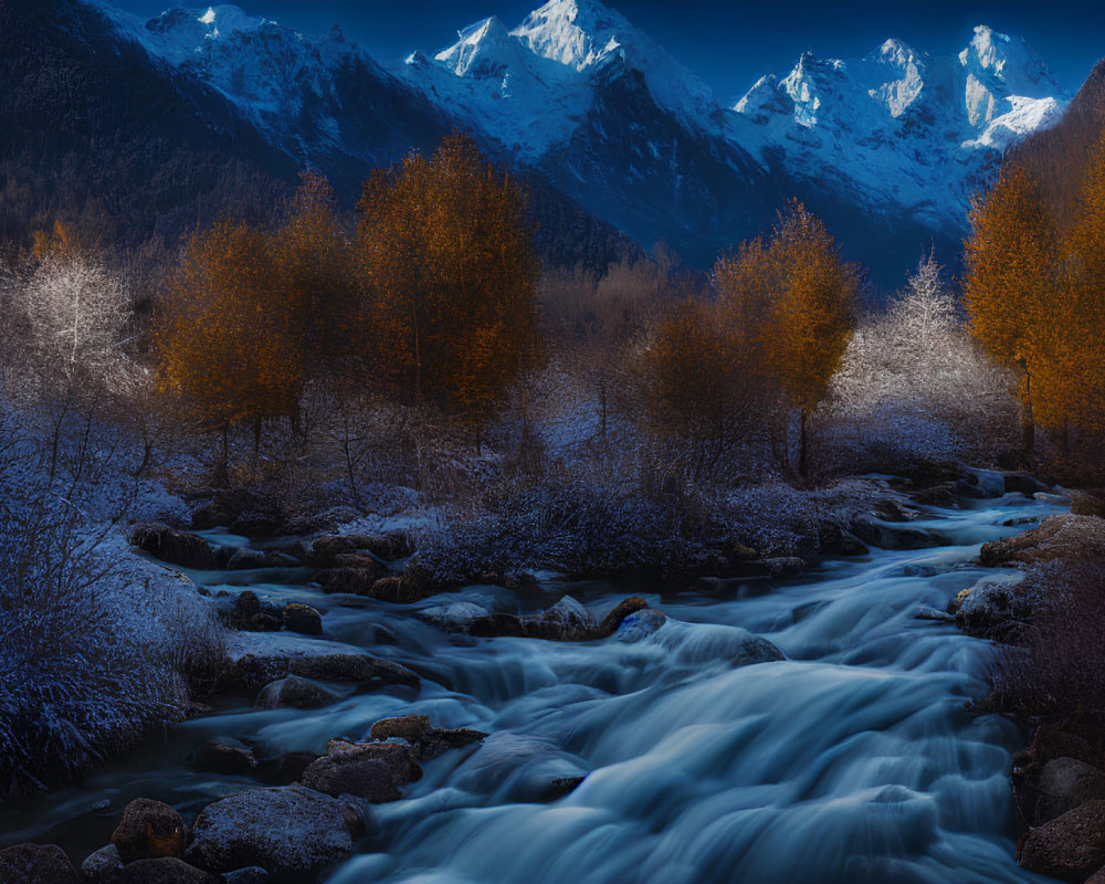 Tranquil night landscape with river, autumn trees, and snowy mountains