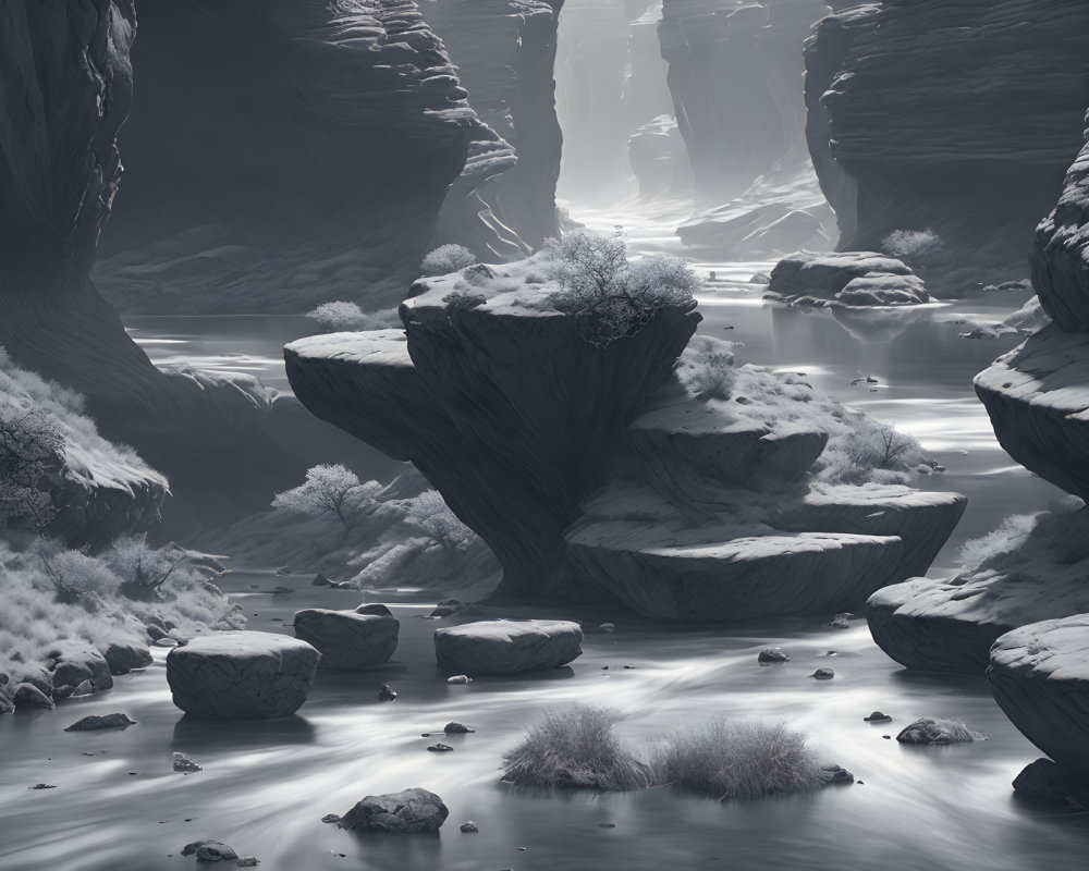 Snow-covered rock formations and trees in monochromatic landscape under hazy sky in a canyon