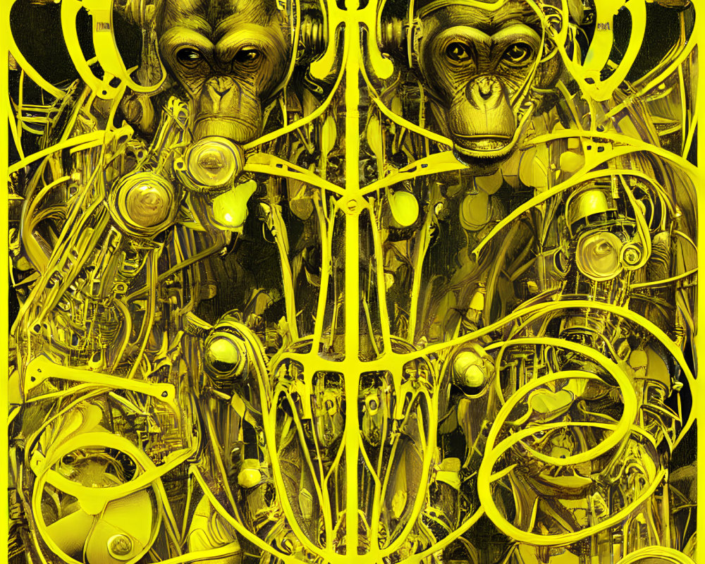 Abstract yellow pattern with futuristic monkey faces