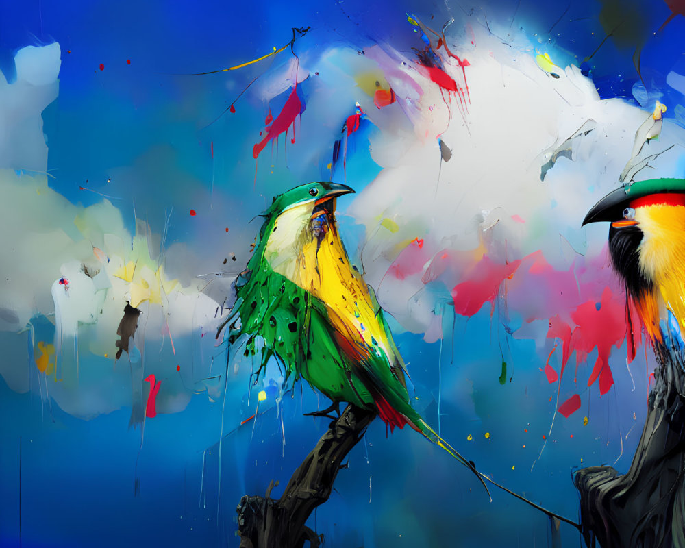 Colorful Abstract Painting: Two Birds on Branches with Dynamic Splash on Blue Background