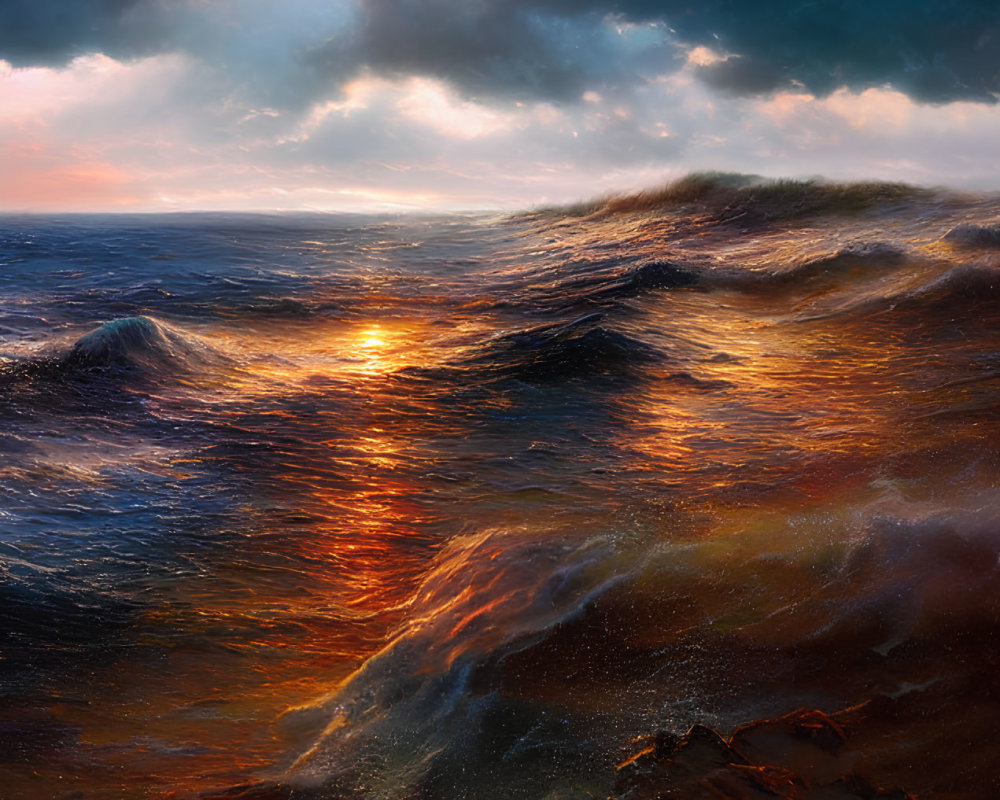 Sunset ocean scene with tumultuous waves and stormy sky in vibrant colors.