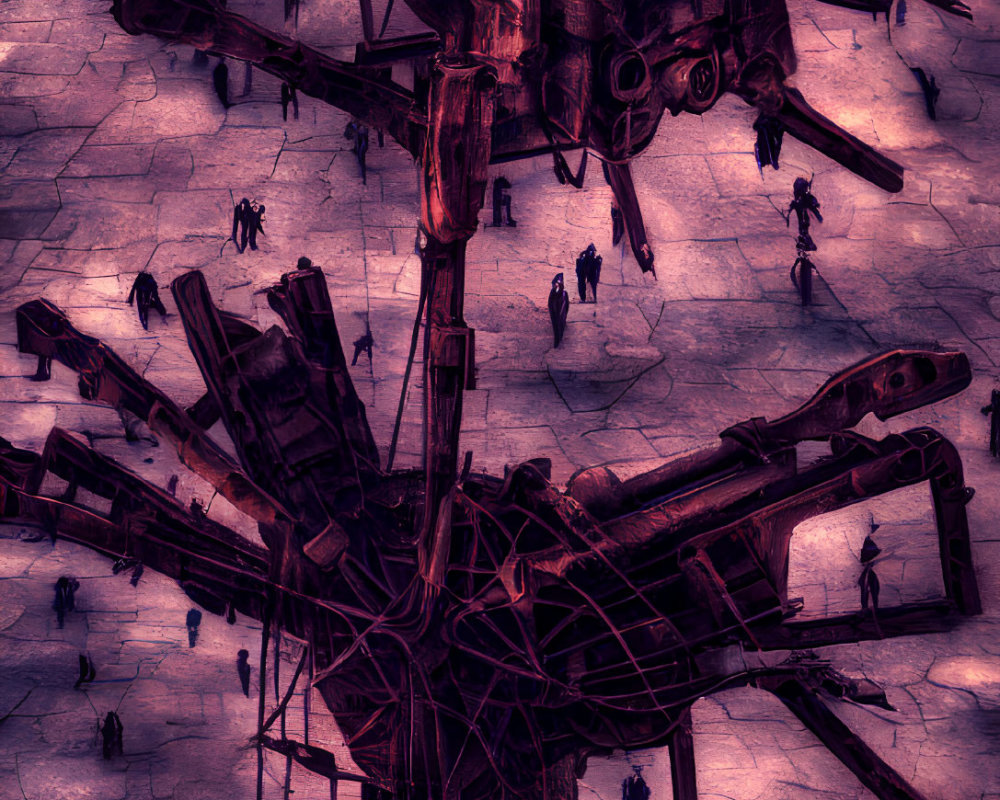 Surreal dystopian scene: intricate metallic structure, silhouetted figures, cracked surface,