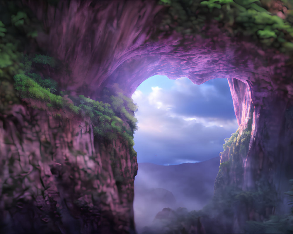 Majestic natural archway in serene fantasy landscape