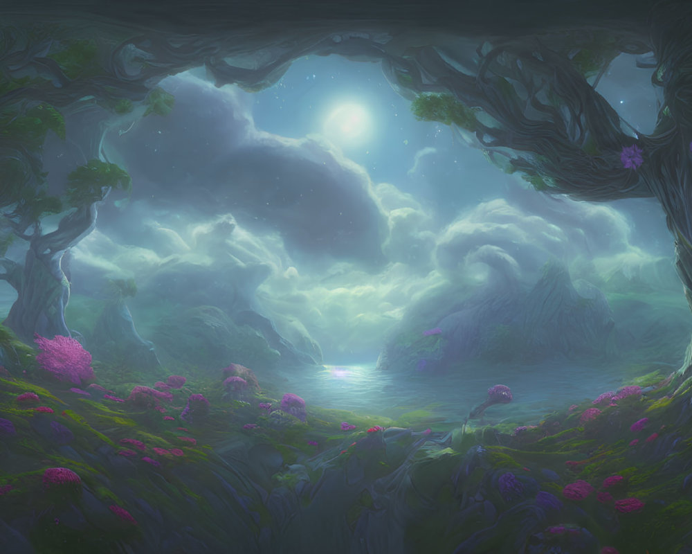 Enchanting forest scene with pink flora, starlit sky, ancient trees, and glowing water