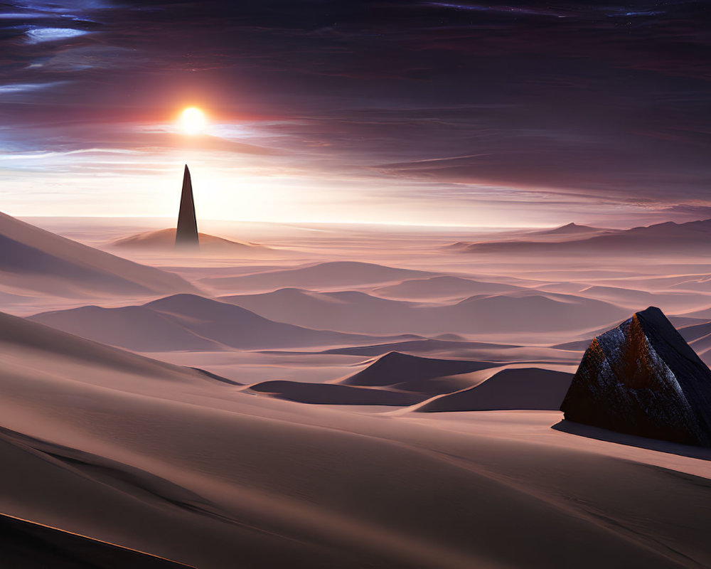 Surreal desert landscape: smooth dunes, monolithic tower, triangular structure, dramatic sky