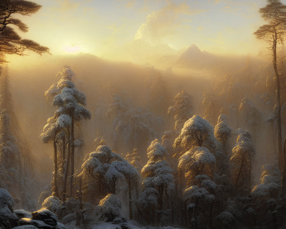 Snowy forest at sunrise with snow-covered trees and golden sky