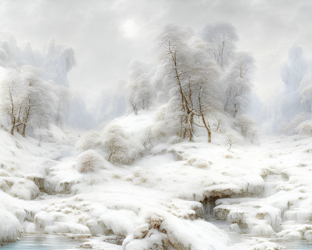 Snow-covered trees, frosted hills, and frozen stream in serene winter setting