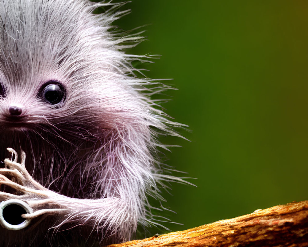 Fluffy Gray Fantastical Creature on Brown Branch Green Background