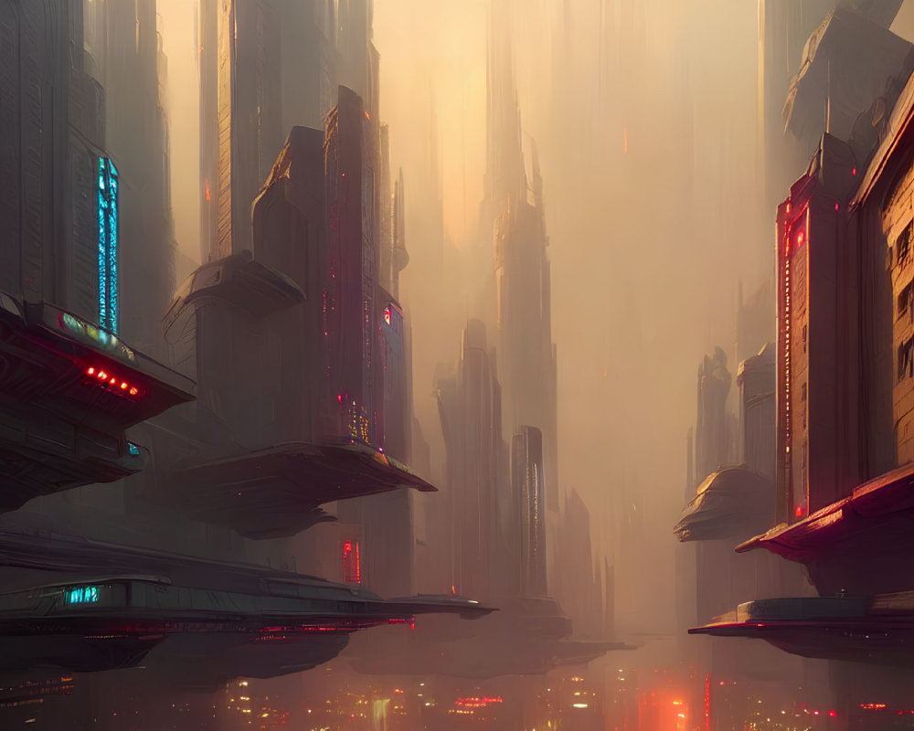 Futuristic cityscape with towering skyscrapers and flying vehicles illuminated by neon lights