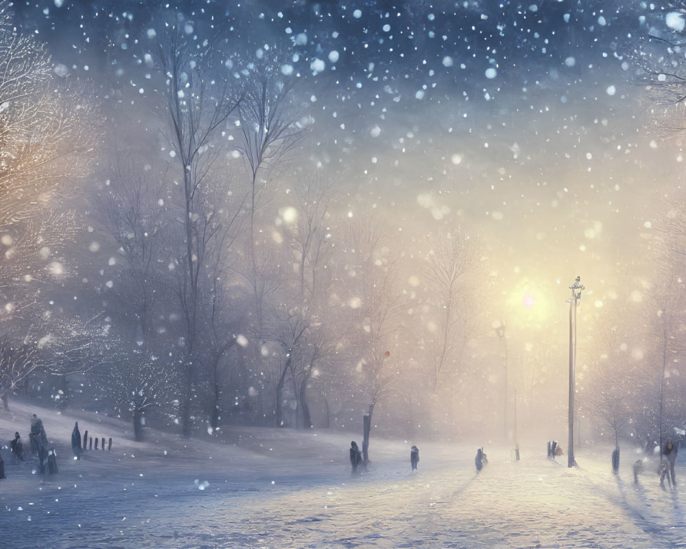 Snow-covered park with lit lamps and silhouettes in winter