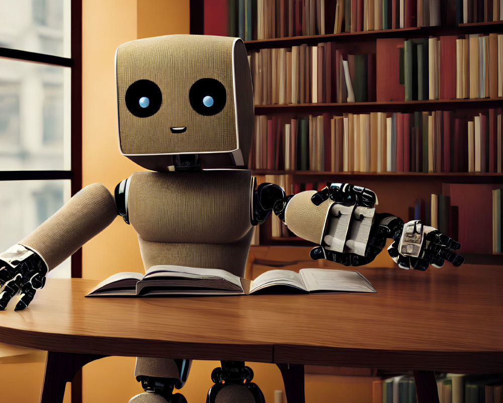 Humanoid robot reading book in room with bookshelves