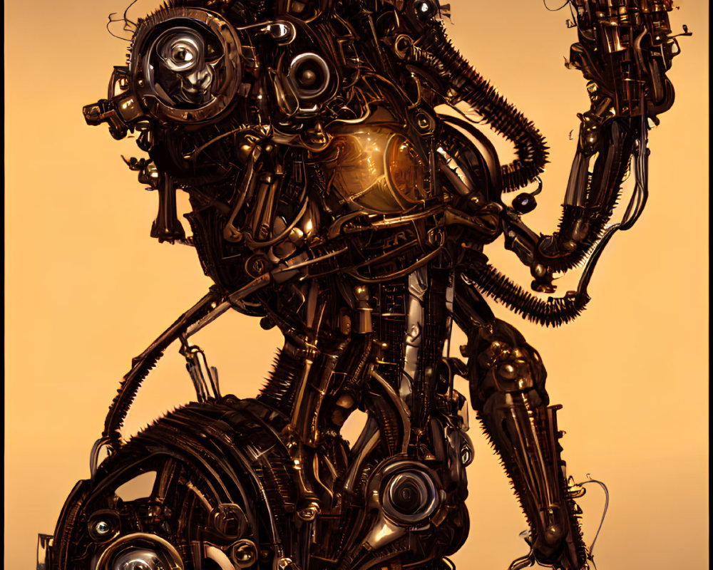 Female humanoid robot with intricate mechanical details on golden backdrop