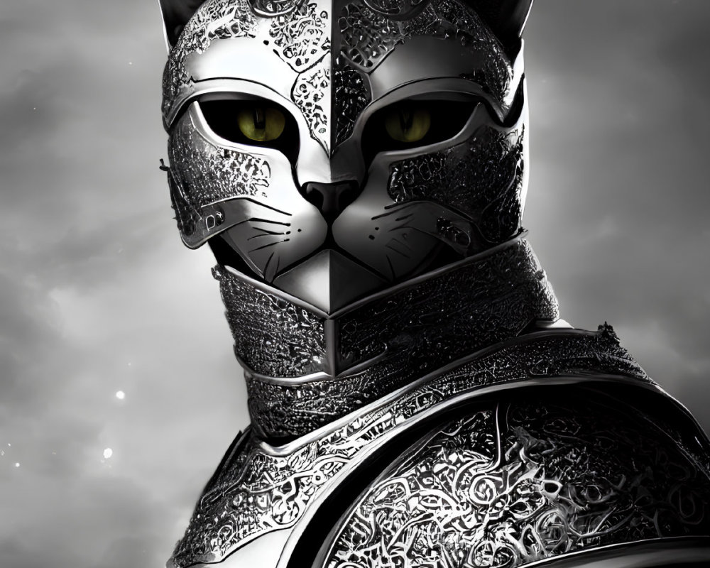 Armored cat digital art with intricate designs under cloudy sky