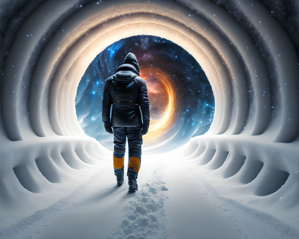 Person in spacesuit walks towards swirling vortex of stars in snowy landscape