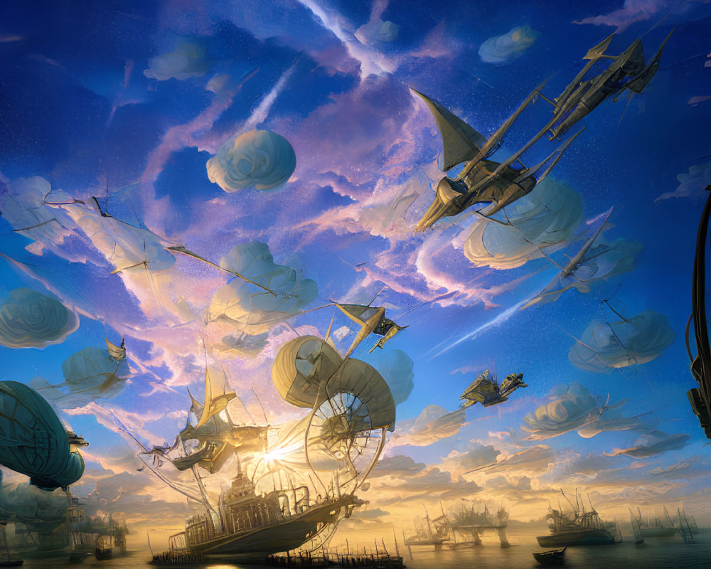 Flying wooden ships in surreal sky with swirling clouds at sunrise