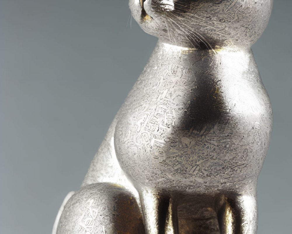 Metallic Cat Figurine with Intricate Etchings and Golden Eyes