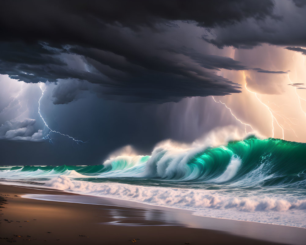 Stormy Ocean Scene with Large Cresting Wave and Lightning Strikes