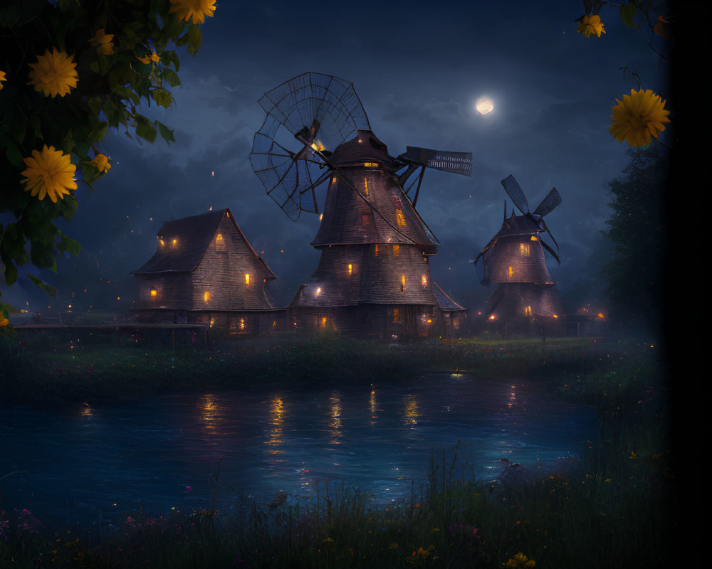 Tranquil night landscape with three windmills by river under moonlit sky