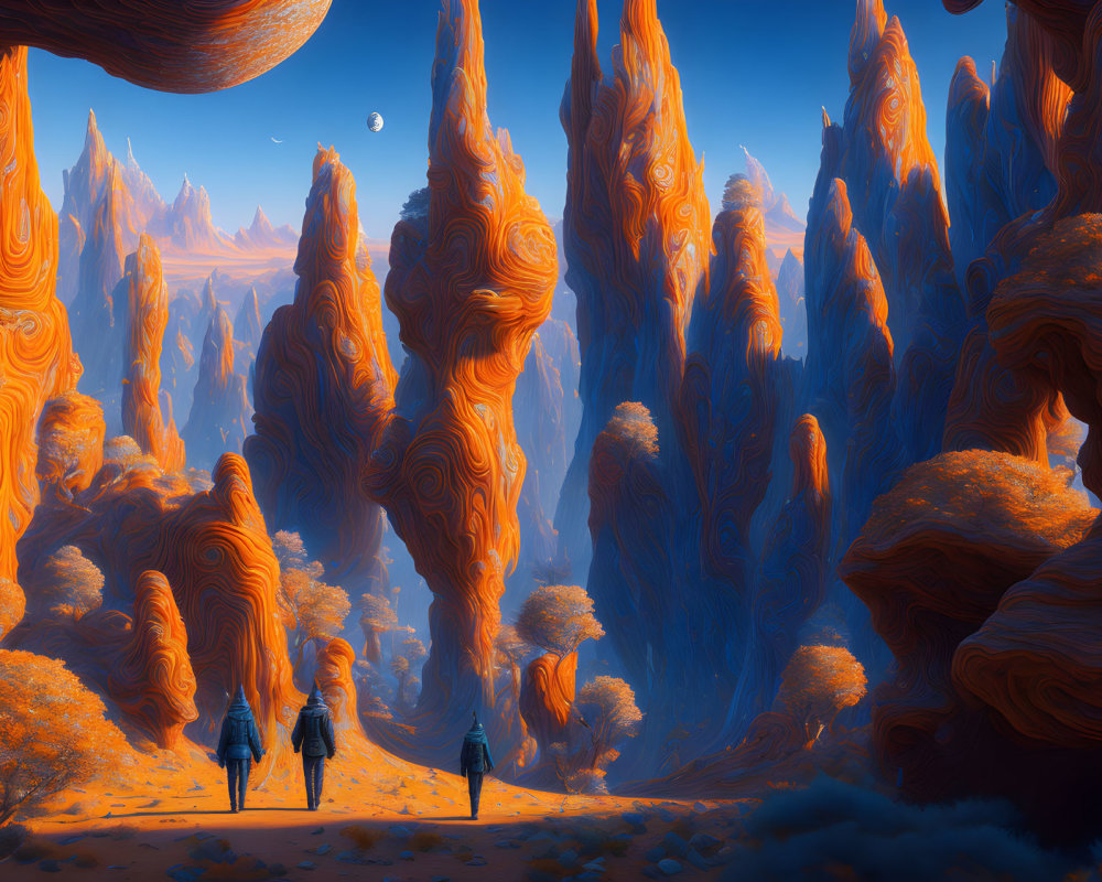 Two Figures in Surreal Landscape with Orange Rock Formations