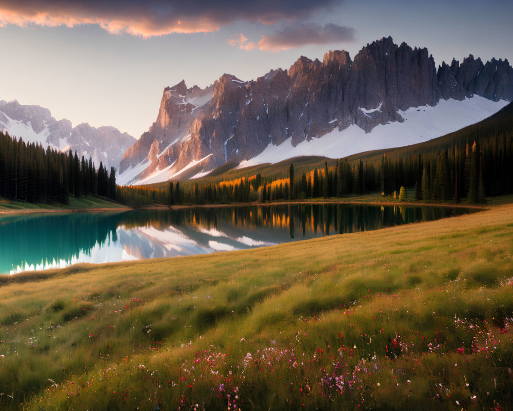 Tranquil sunrise mountain landscape with reflective lake