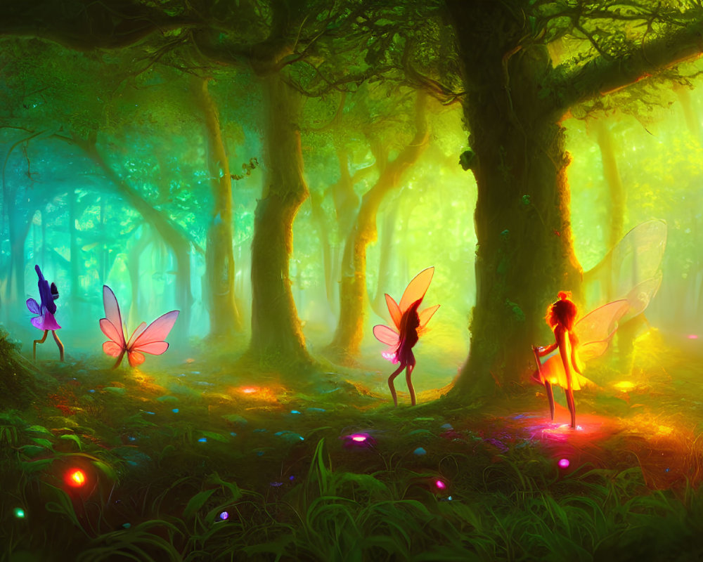 Colorful fairies and magical lights in an enchanted forest glade