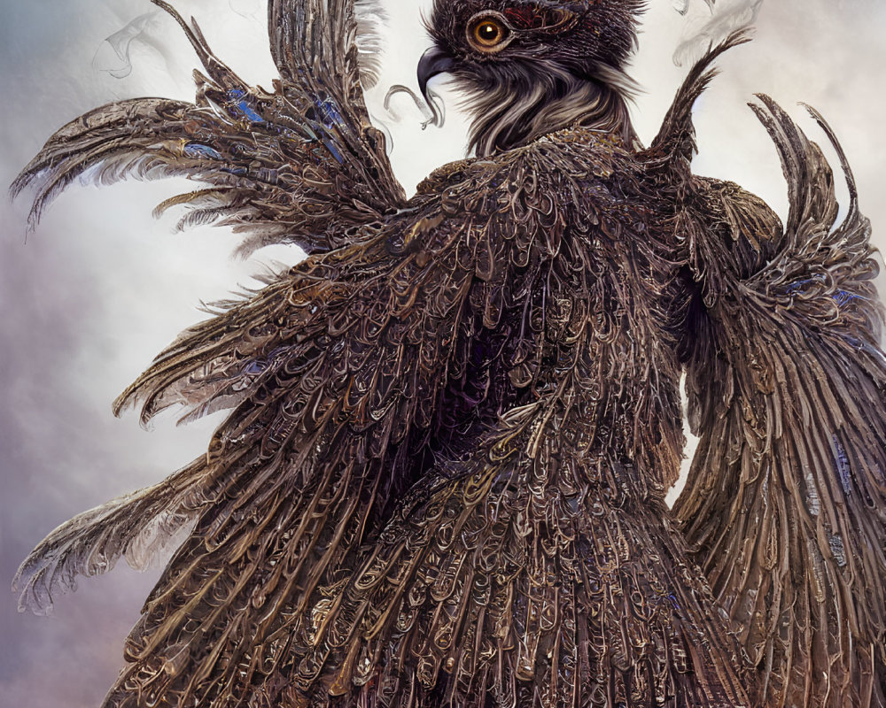 Majestic mythical bird creature with intricate feather details on smoky background