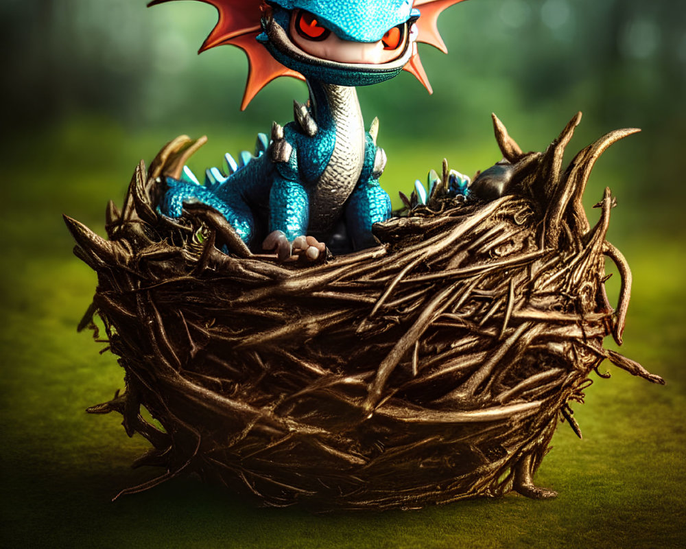 Blue dragon with orange spiked wings in twig nest in forest setting