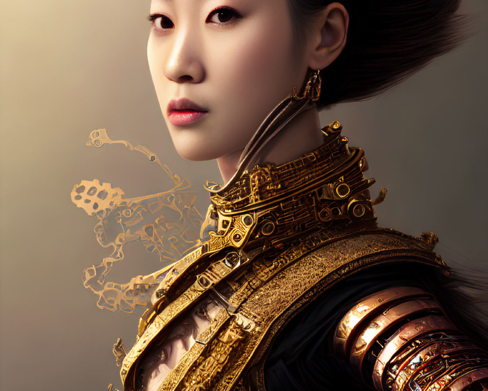 Asian woman in golden steampunk armor with flowing hair