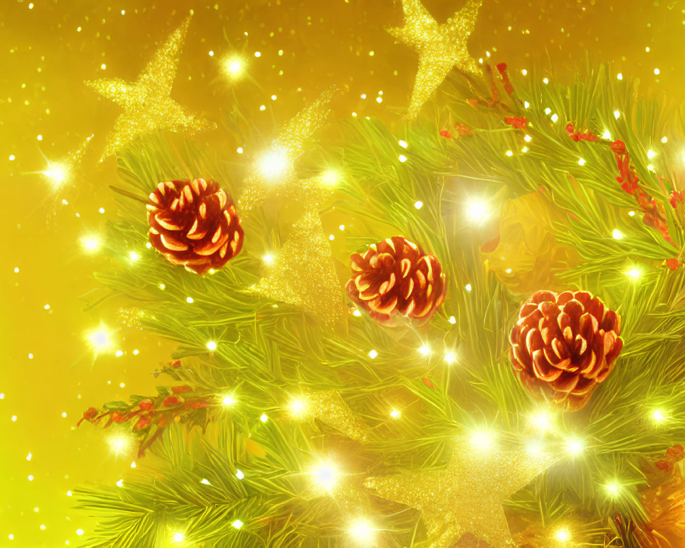 Sparkling Christmas background with lights, pine cones, and fir branches