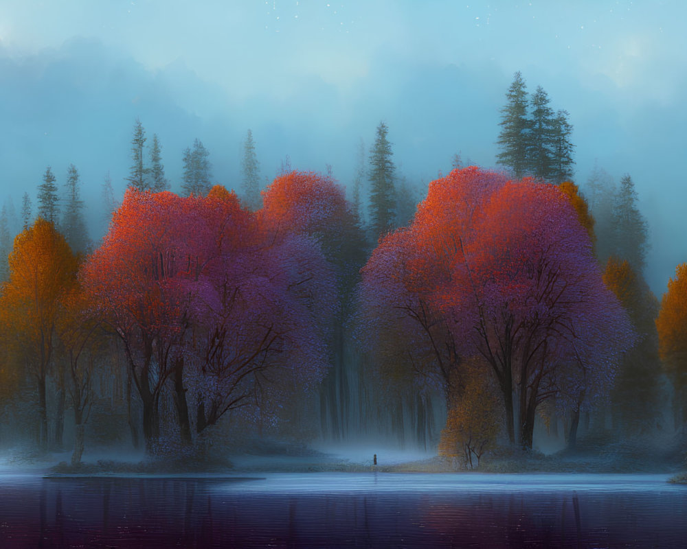 Colorful Trees and Misty Lake at Twilight with Tiny Figures