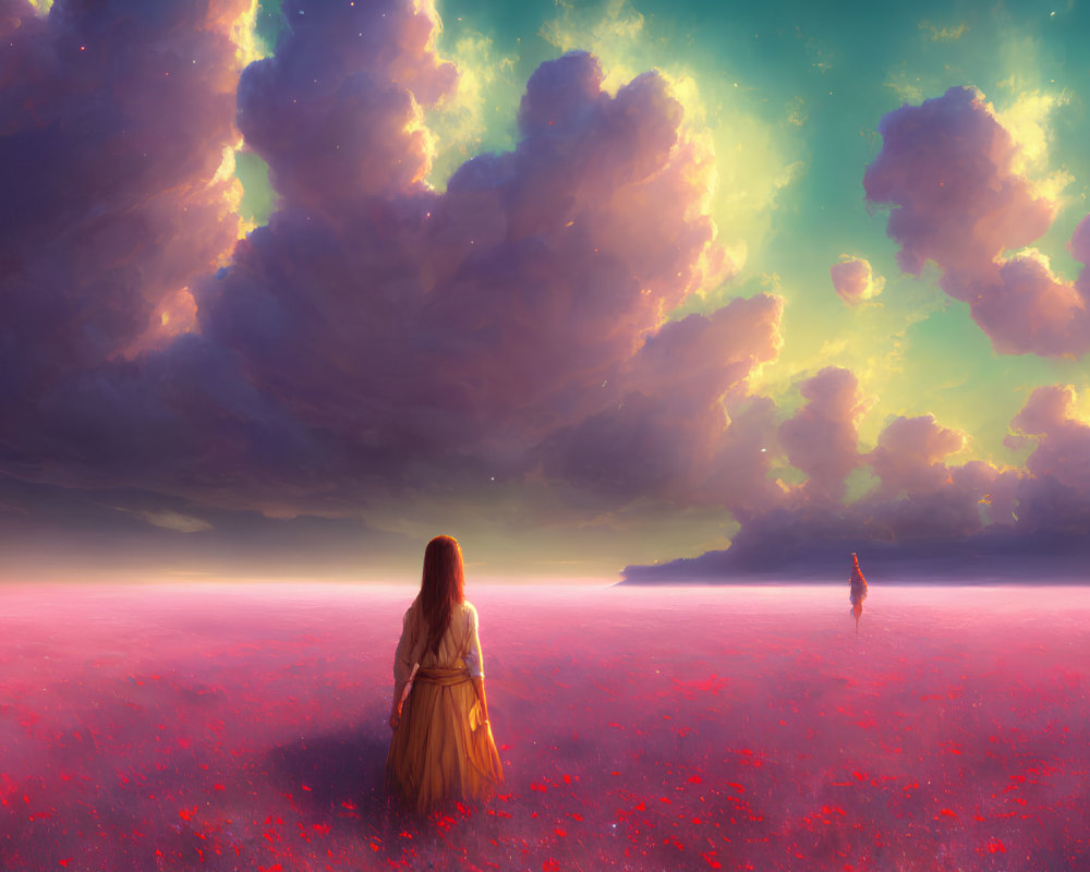 Vast field of red flowers under dramatic sky with figures.