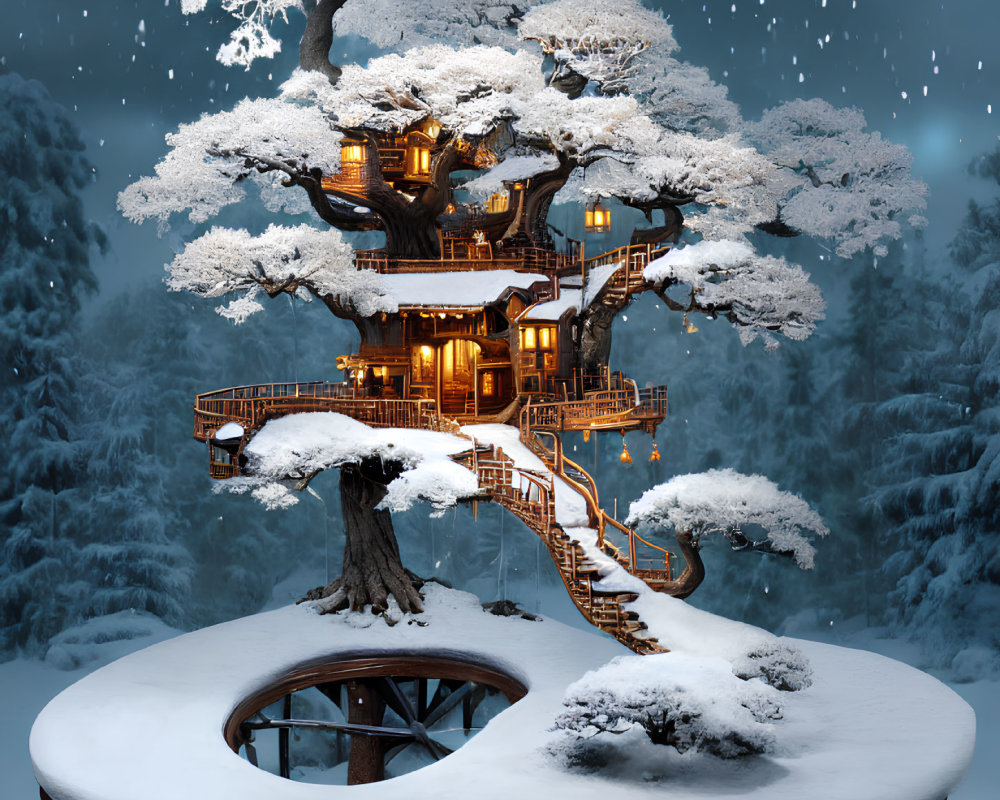 Snowy Landscape: Illuminated Multi-Level Treehouse in Snow-Covered Tree