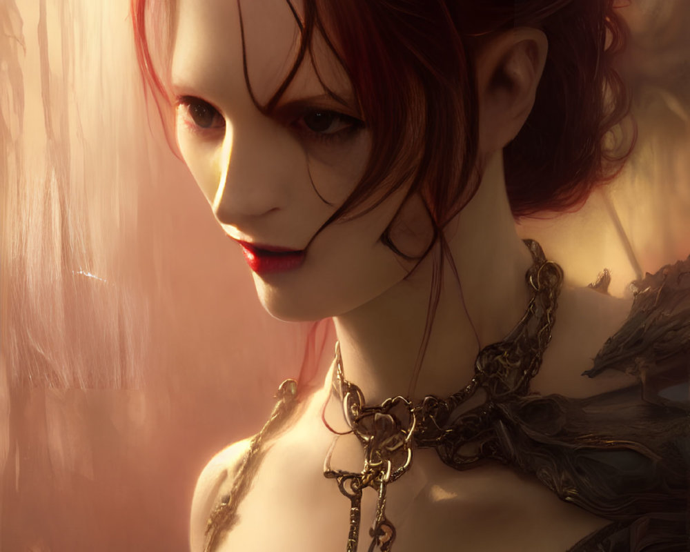 Enigmatic woman with red hair and ornate neckpiece in warm setting