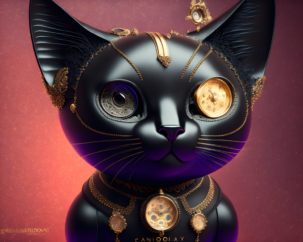 Stylized black cat with gold jewelry and clockwork on purple background