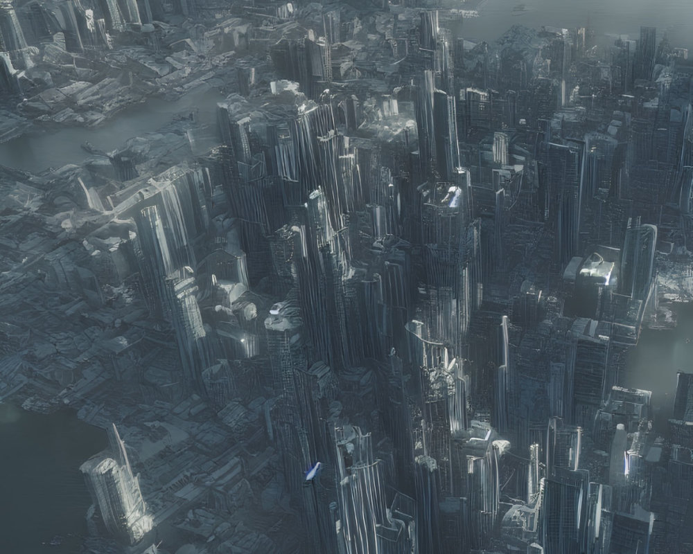 Futuristic cityscape with towering skyscrapers and hazy sky