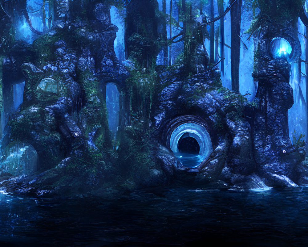 Mystical Blue Forest with Glowing Orbs and Eerie Tunnel Entrance