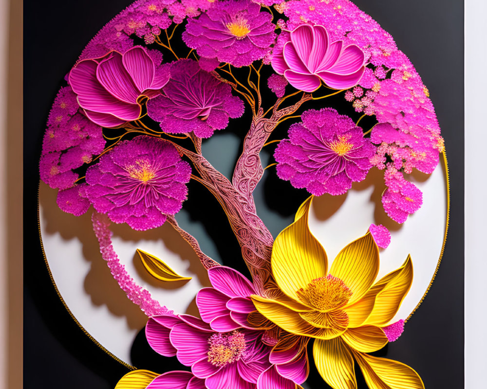 Colorful circular tree artwork with pink and yellow flowers on black background