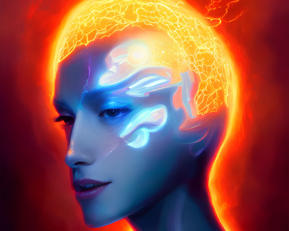 Colorful Digital Art Portrait with Neon Patterns on Face on Red Background