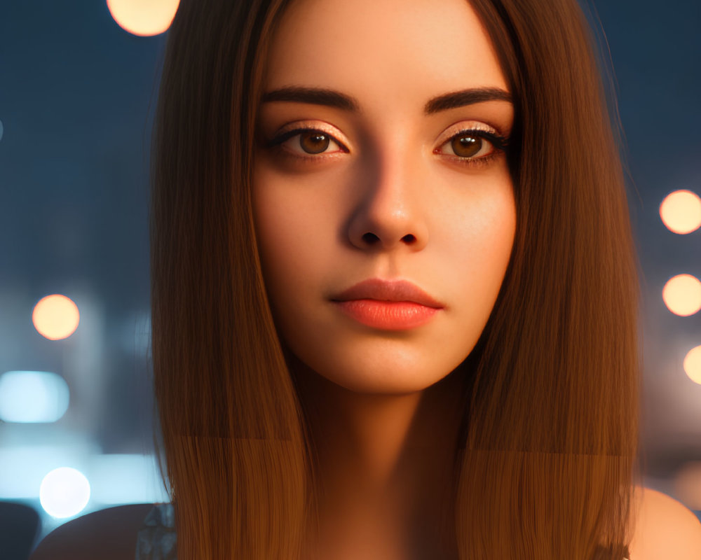 Portrait of woman with long straight hair and dark eyes in warm glowing lights