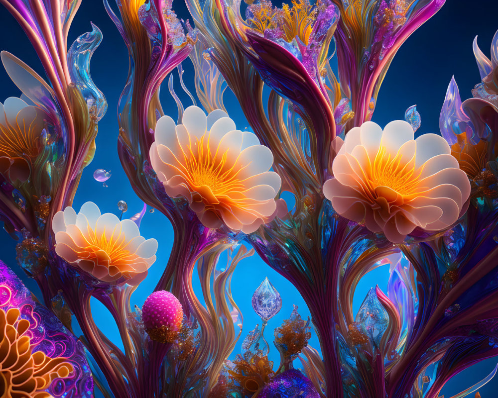 Colorful digital art: luminescent floral structures on dark blue background