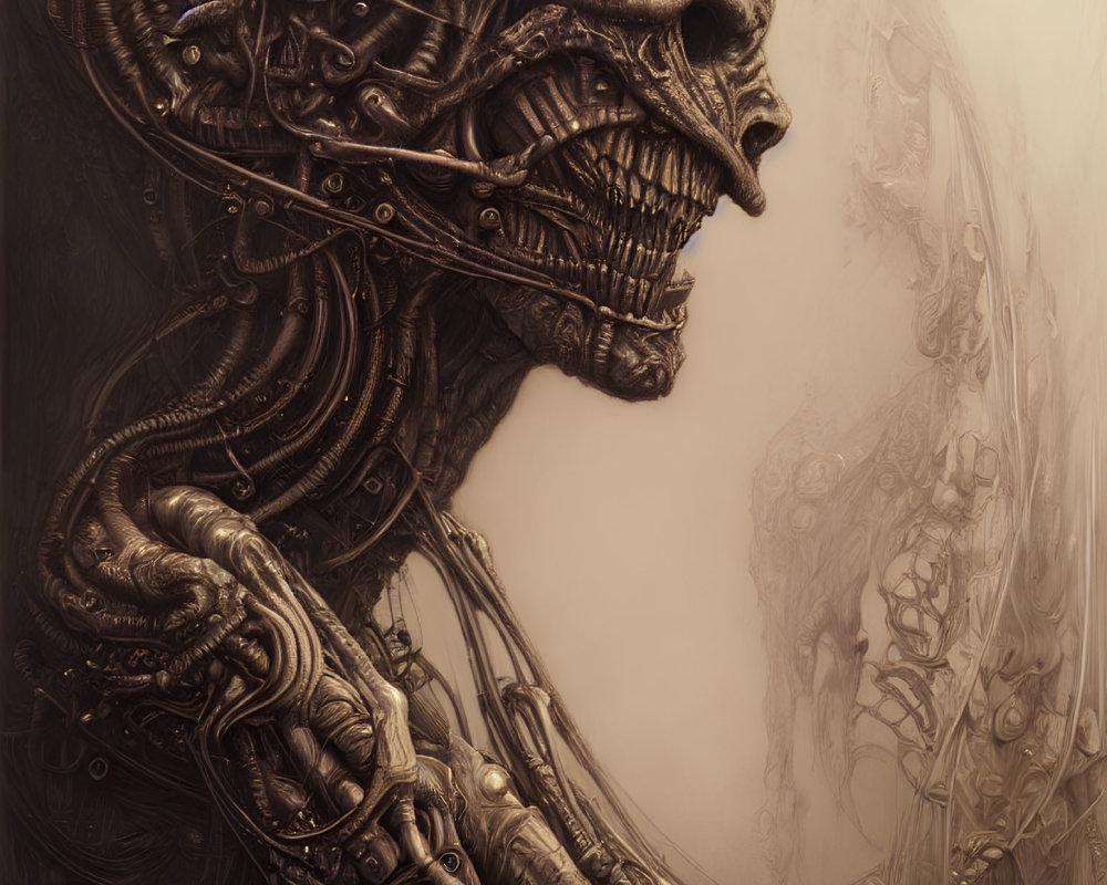 Detailed illustration of mechanical skull with cybernetic enhancements on misty backdrop