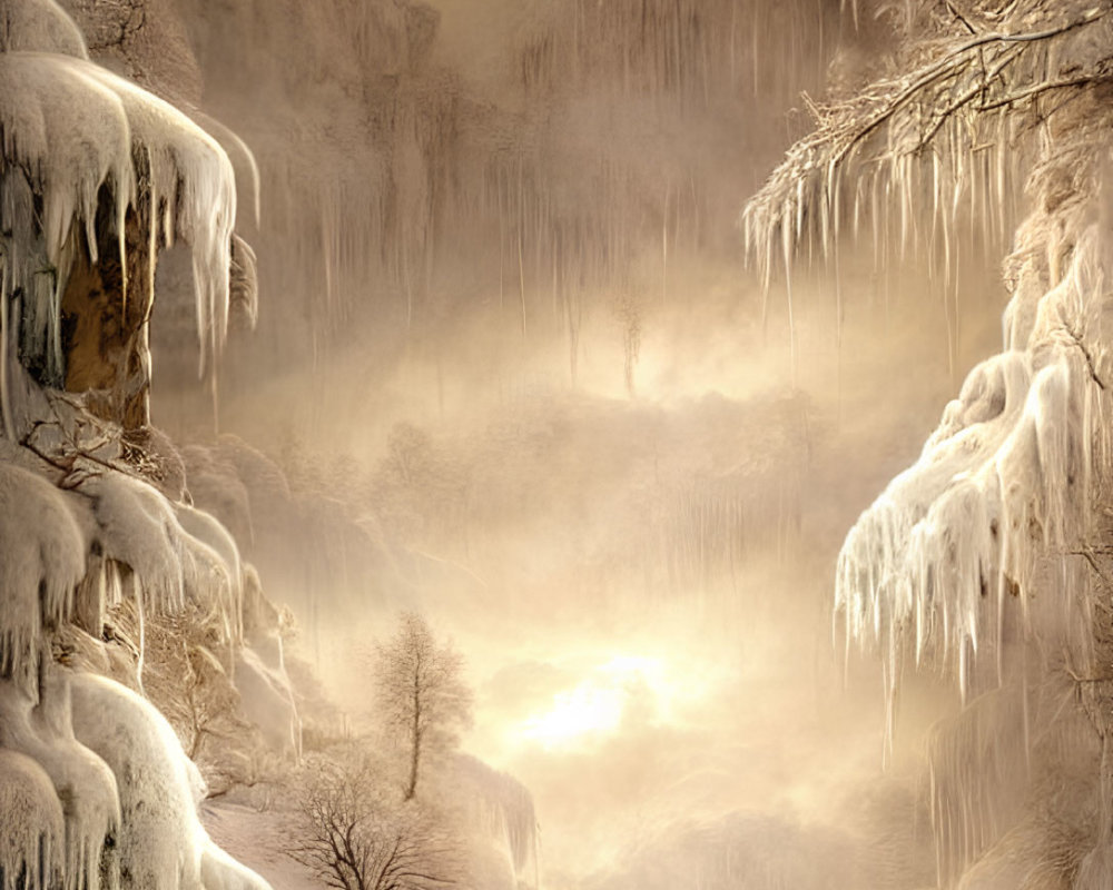 Snow-covered trees, icicles, and a gentle river in a serene winter landscape