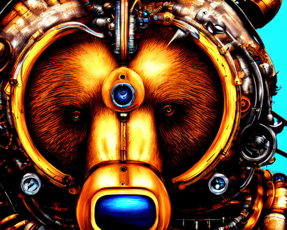 Colorful Mechanical Bear with Cyclopean Eye Surrounded by Golden Gears on Blue Background