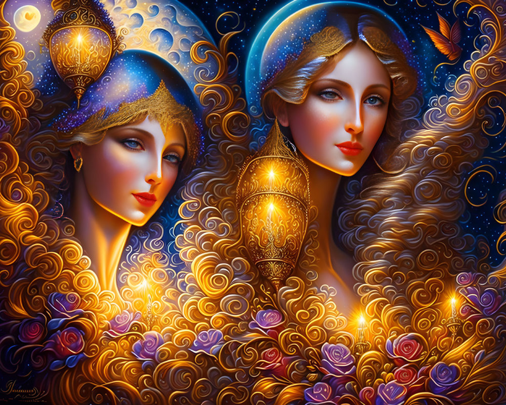 Stylized women's portraits with golden hair and cosmic themes in vibrant fantasy illustration