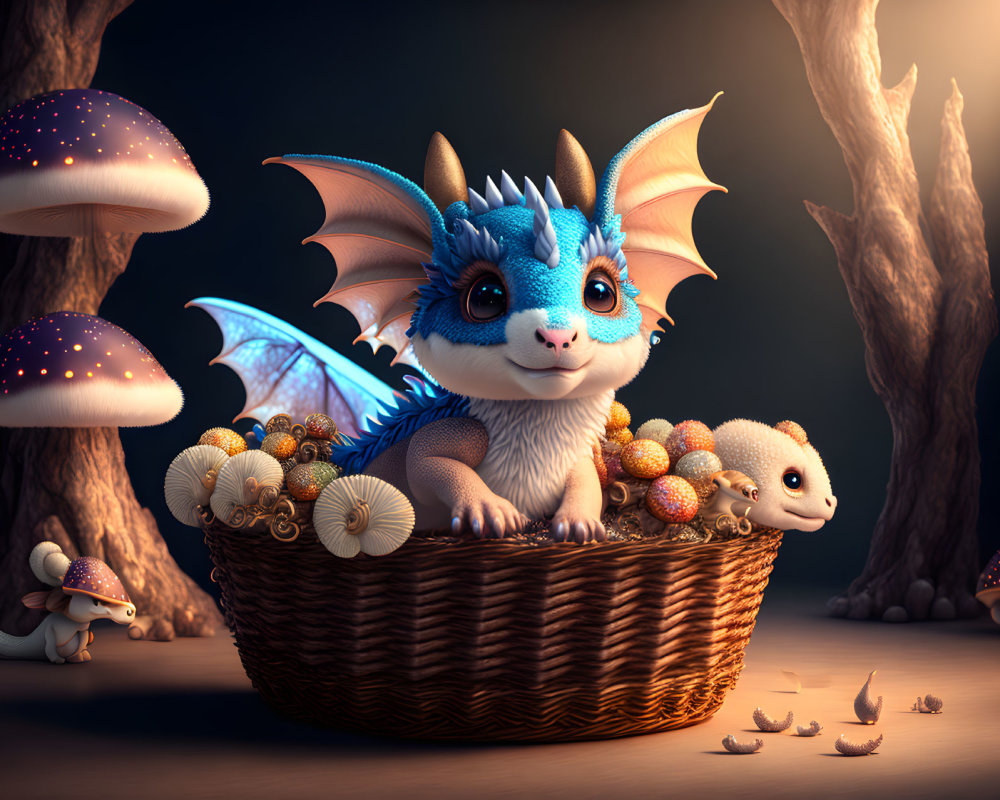 Fantasy dragon-cat hybrid in wicker basket with glowing mushrooms