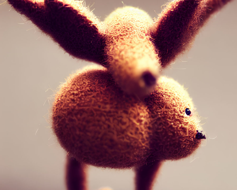 Fuzzy brown rabbit figurine with long ears and black eyes on soft-focus background