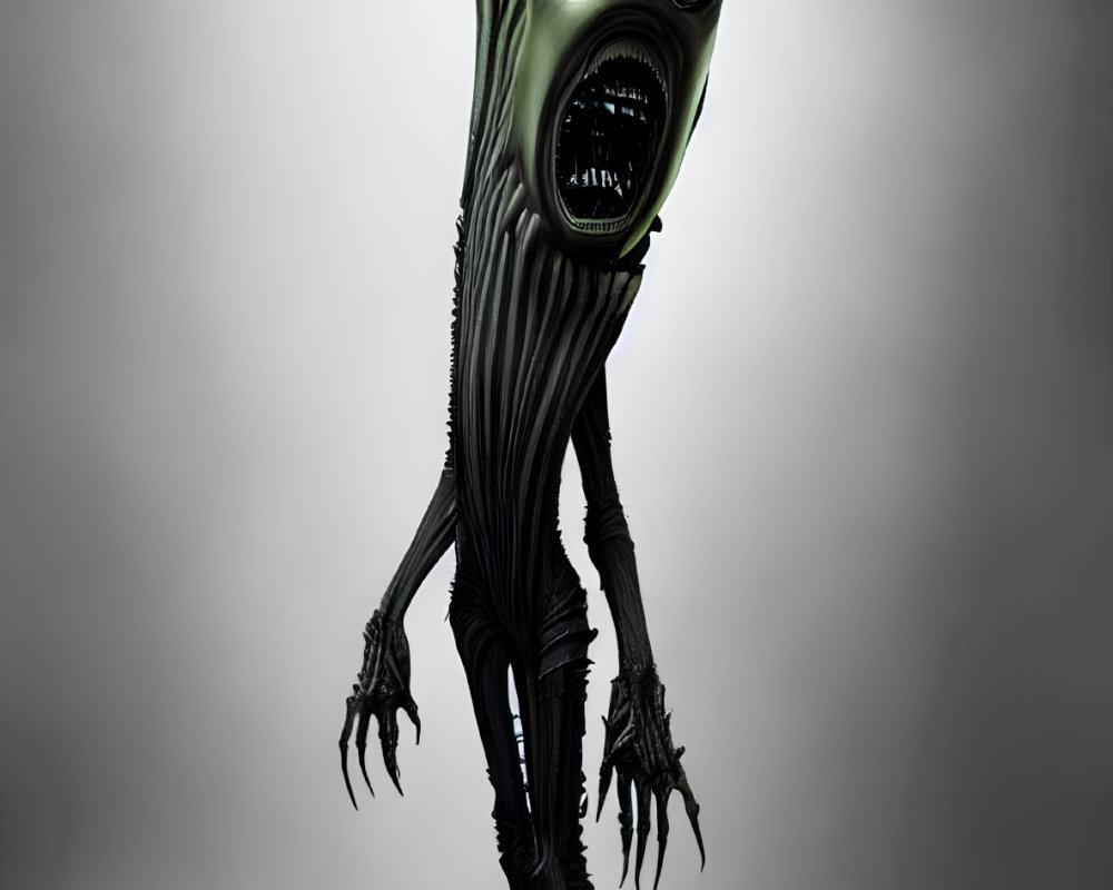 Detailed alien illustration: large green head, black eyes, sharp teeth, elongated arms and legs