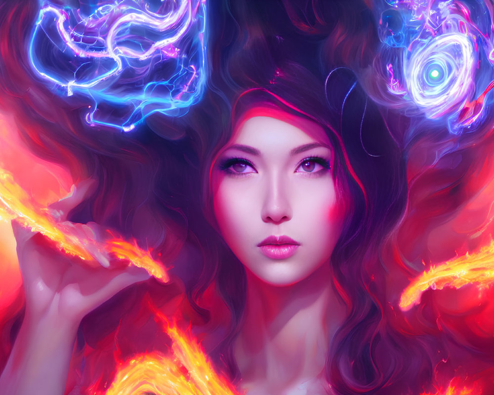 Digital artwork of woman with flowing hair in fiery orange and mystical blue lights