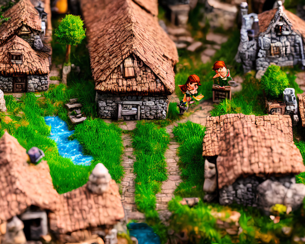 Detailed miniature village scene with tiny houses, river, characters, and lush greenery