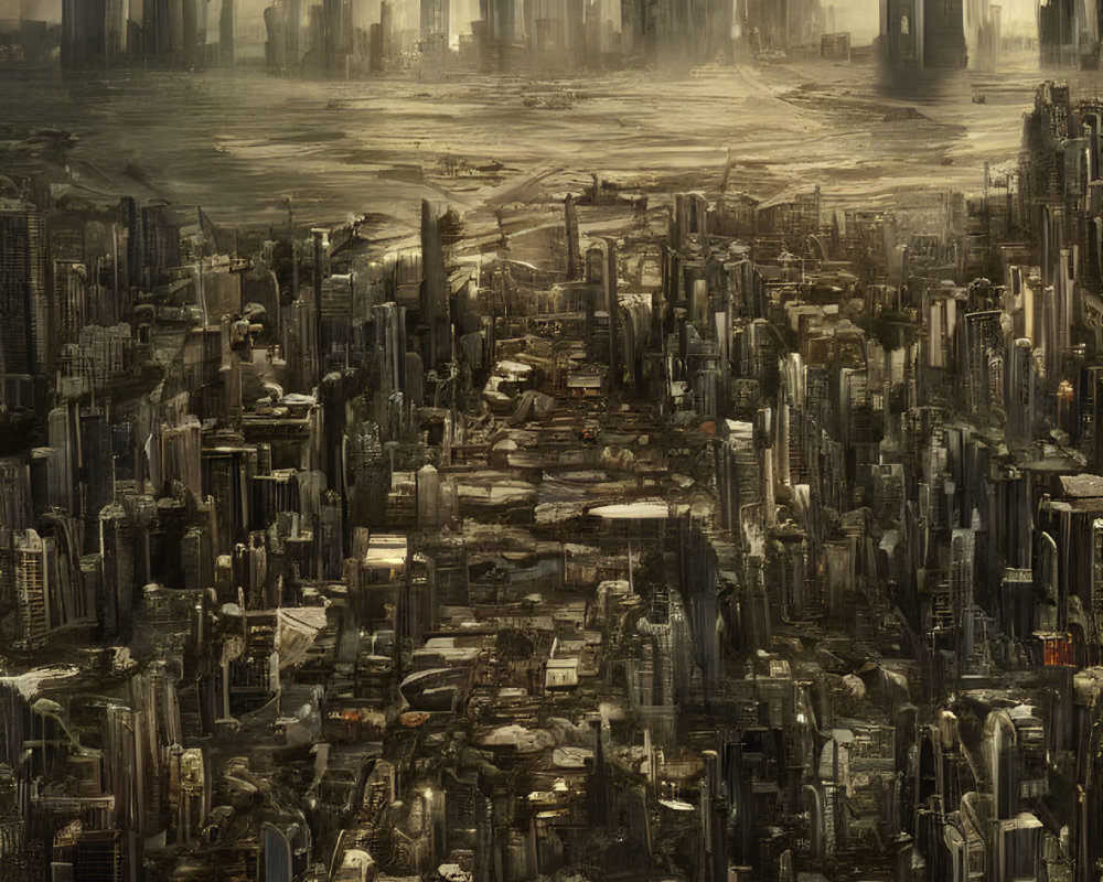 Dystopian cityscape with crumbling skyscrapers and stormy sky